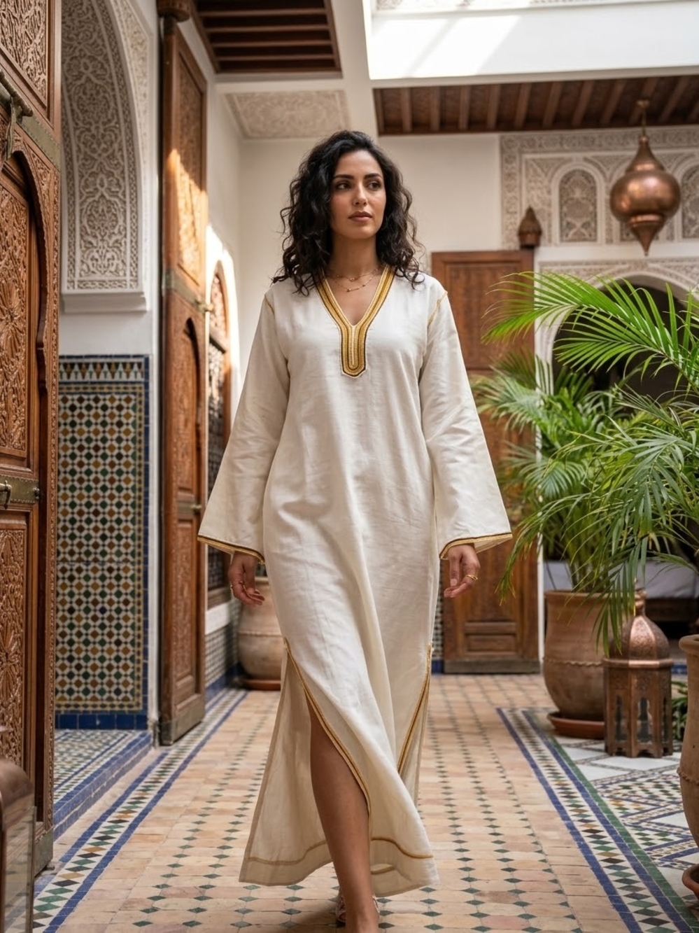 VTG Jane Stark for Griffon Moroccan Kaftan Dress M Embroidered Trim Boho Maxi